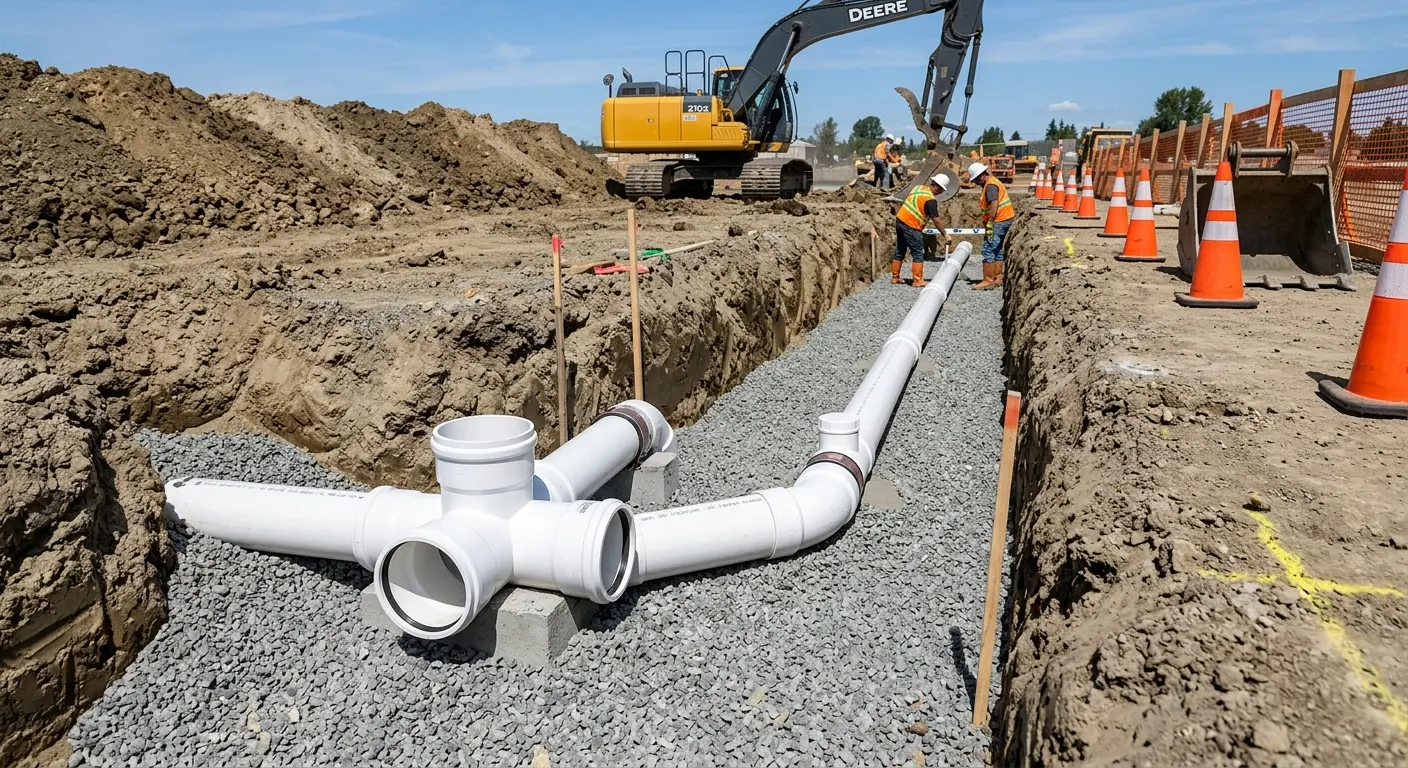 New PVC sewer pipe installation in open trench for Commercial Drain Cleaning in Greencastle