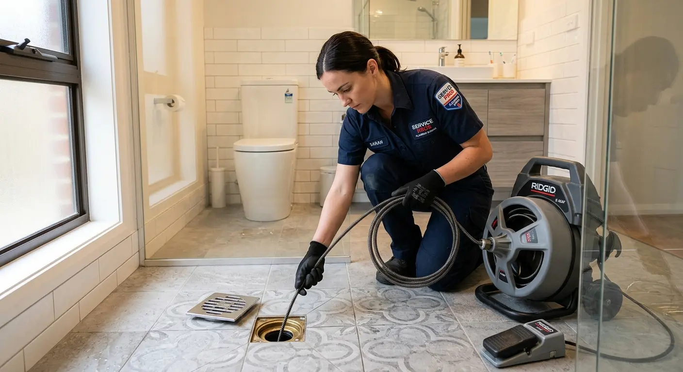 Technician clearing a bathroom floor drain for Clogged Drain Repair in Greencastle